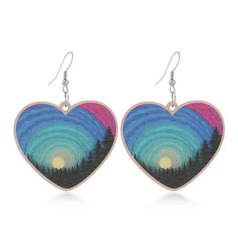 Colorful Printed Valentine's Day Wooden Dangle Earrings Dainty Heart Shape Love Print Earrings for Women Girls Jewelry