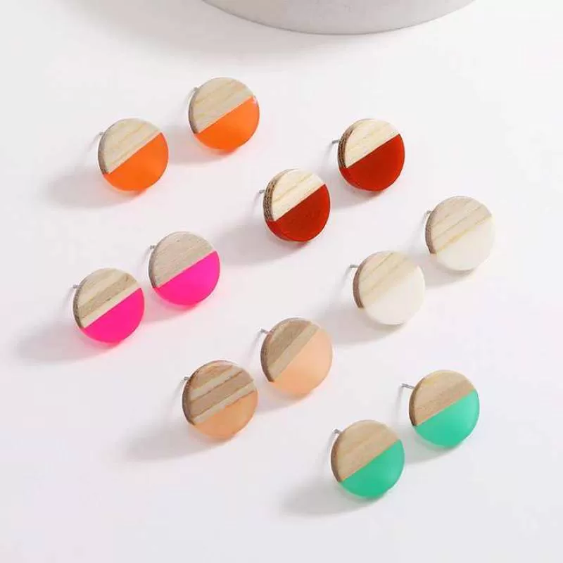 Wood Resin Stud Earrings Flat Round Wood Post Stud Earrings with 316 Stainless Steel Pins for Women Friends Mom Gifts