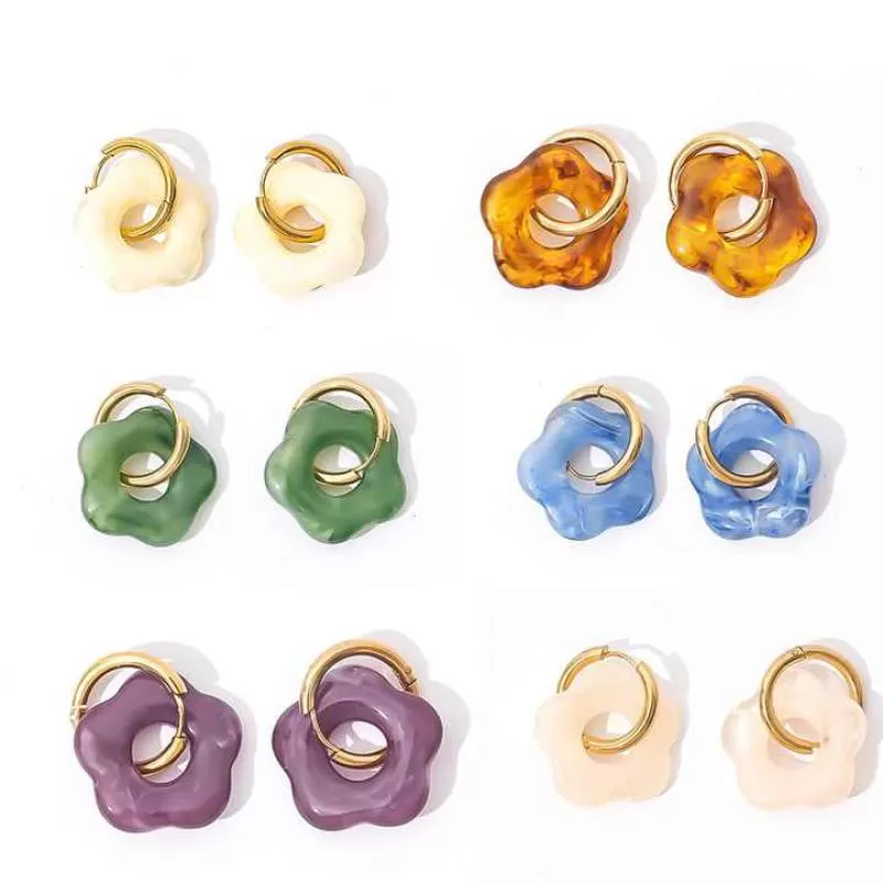 New Trendy Vintage Stainless Steel Hoop Earrings Women Gold Resin Acrylic Cute Flower Shape Fashionable Jewelry