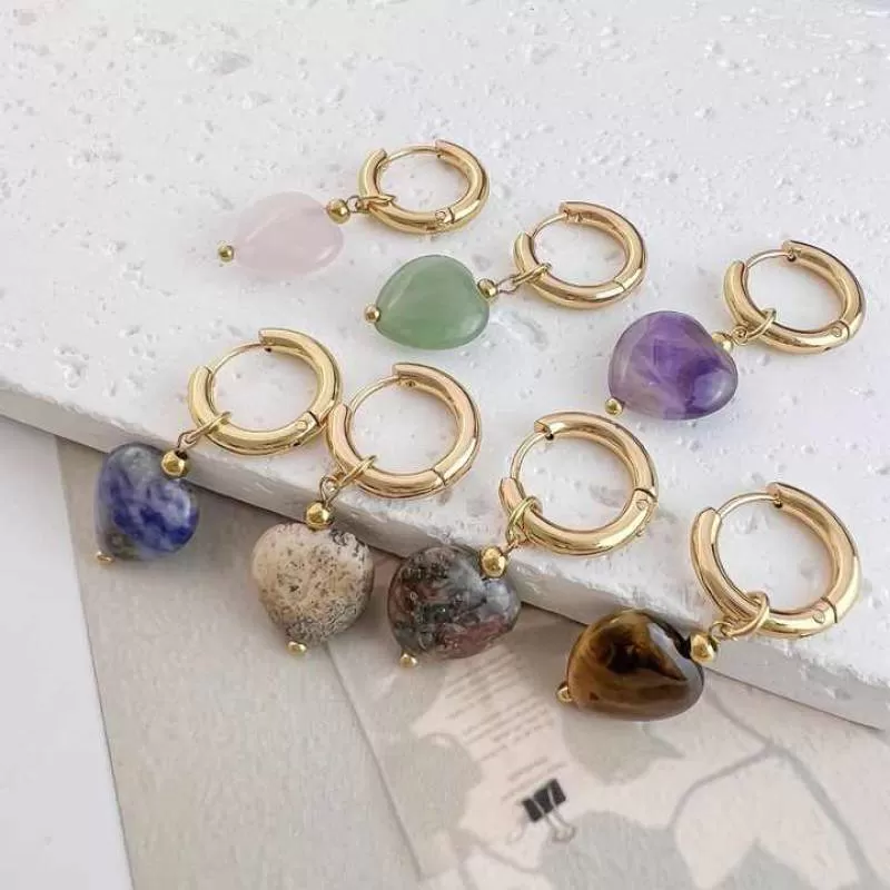 Fashion Jewelry 18K Gold Plated Stainless Steel Earrings Natural Rose Quartz Stone Amethyst Tiger Eye Heart Pendant Earrings