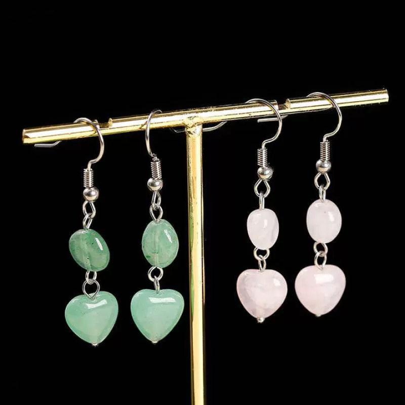 Vintage  Ear Jewelry Heart Shape Silver Natural Pink Quartz Green Aventurine Jade Pendant Charm Stainless Steel Earrings