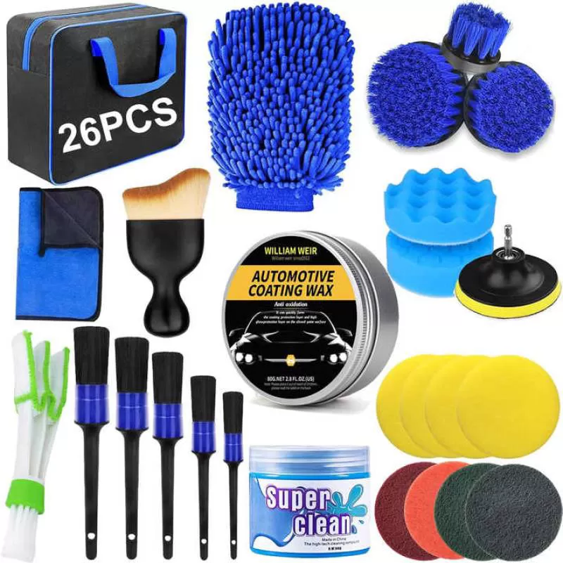26Pcs Car Detailing Kit Car Cleaning Kit with Auto Detailing Brushes Wax Wash Mitt Car Washing Kit for Motorcycle Bike Cleaning