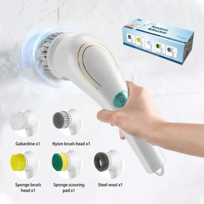 Kitchen Handheld Electric Spin Scrubber Brush Spin Scrubber Electric 5 in 1 with Rotating Speeds and 5 Replaceable Brush Heads