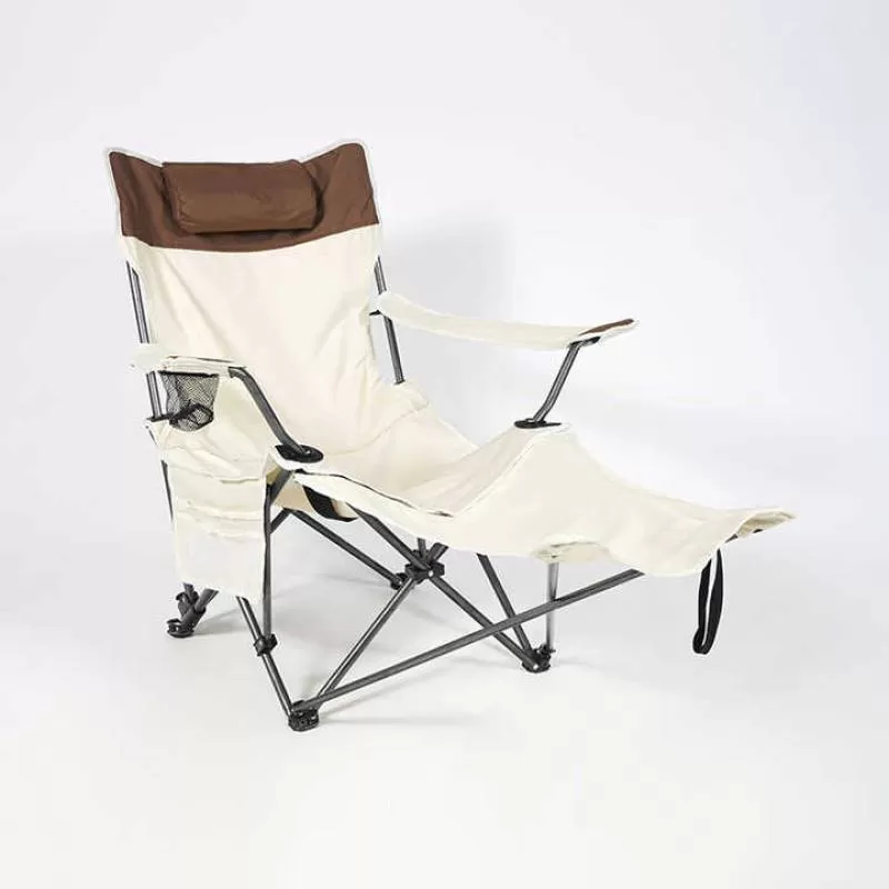 2024 New Design Outdoor Portable Camping Folding Beach Chair with Pillow Side Pocket Extendable Footrest