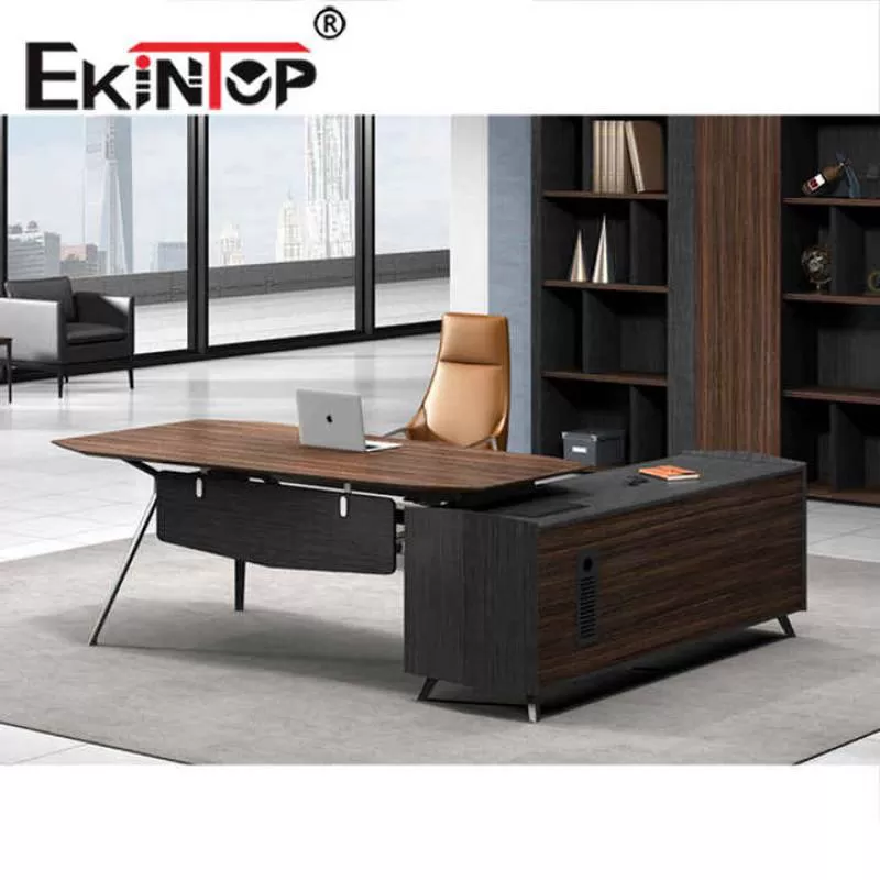 Ekintop L-shape Metal Frame Wooden Top Double Sided Office Desk with Drawers
