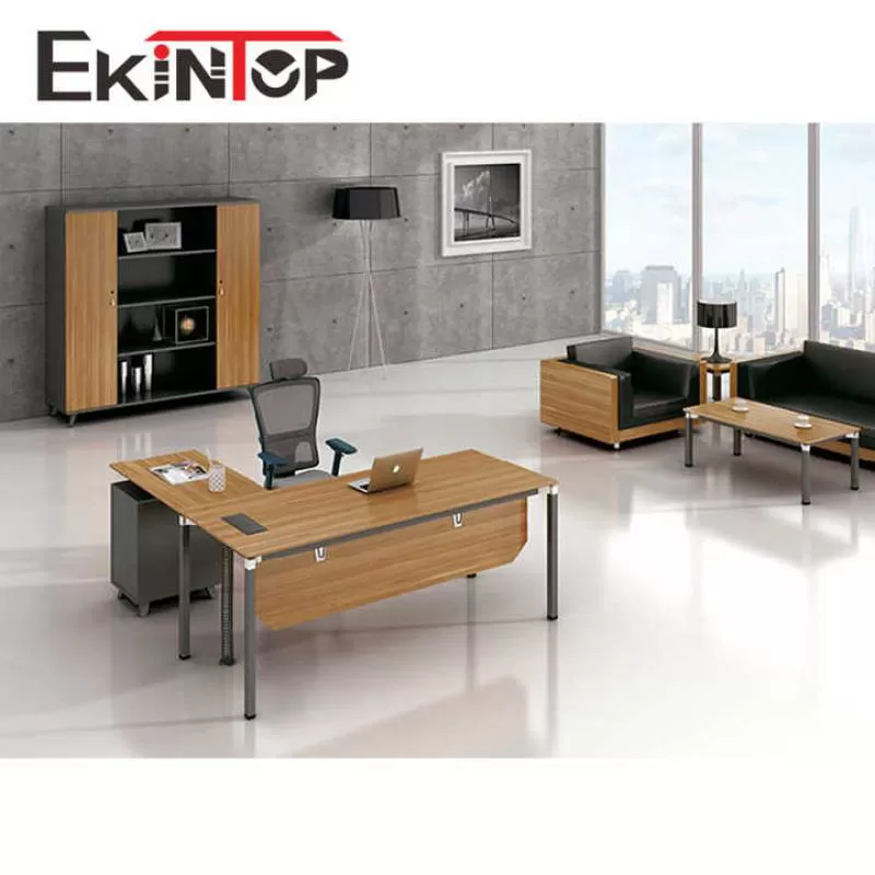 European Style Metal Legs L Shape Mdf Office Desk with Side Cabinet