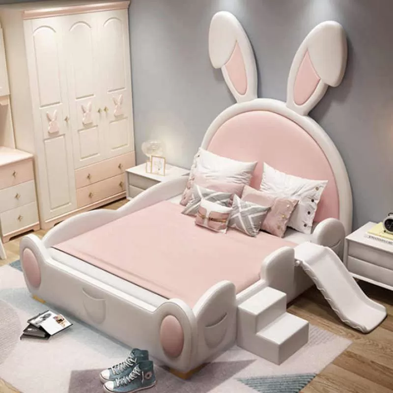 Cute Bunny Bed for Children Modern Popular Princess Bed High Quality Soft Leather Child Bed with Storage and Slide