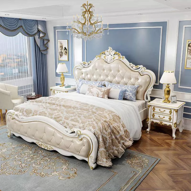European Solid Wood Bed Light Luxury Leather Modern Princess Bed Italian Bedroom Furniture High Quality Bed