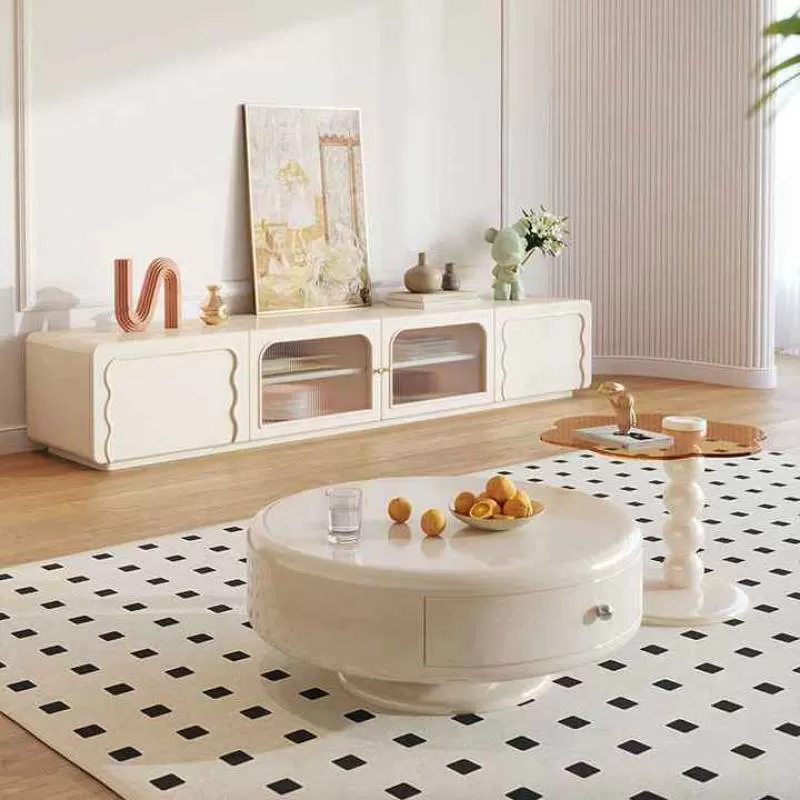 Cream Style Round Coffee Table Set Living Room Simple Modern Coffee Table Small Rotating French Light Luxury Cloud Coffee Table