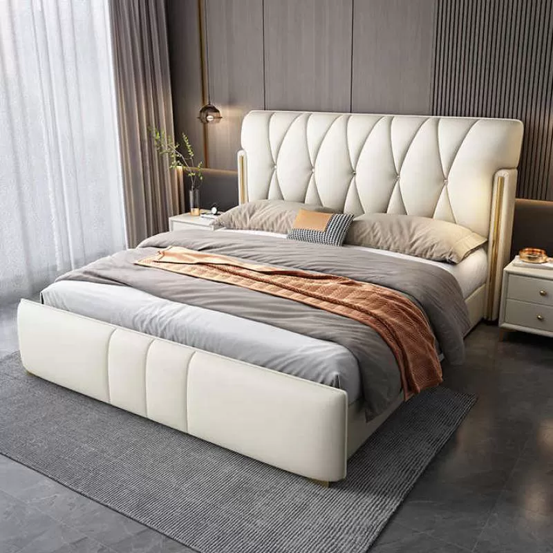 Italian Luxury Design Modern Leather Bed Upholstered Wooden King Queen Bed Frame Elegant Soft Bedroom Furniture for Home