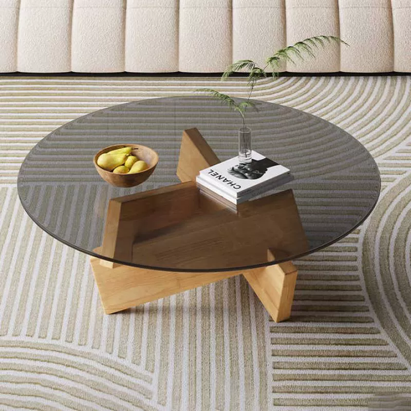 Modern Luxury Round Coffee Table Living Room Coffee Table Solid Wood Black Glass Small Coffee Table