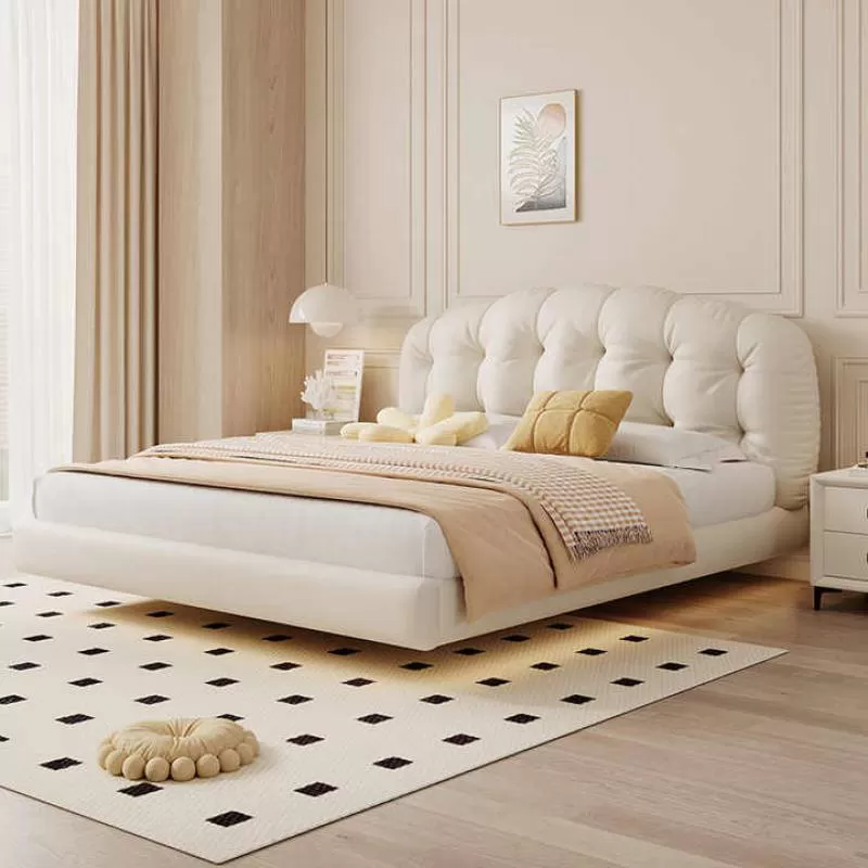 Popular Cream Style Simple Design Bed Modern White Bedroom Furniture Double Luxury Suspended Bed Frame Queen King Bed