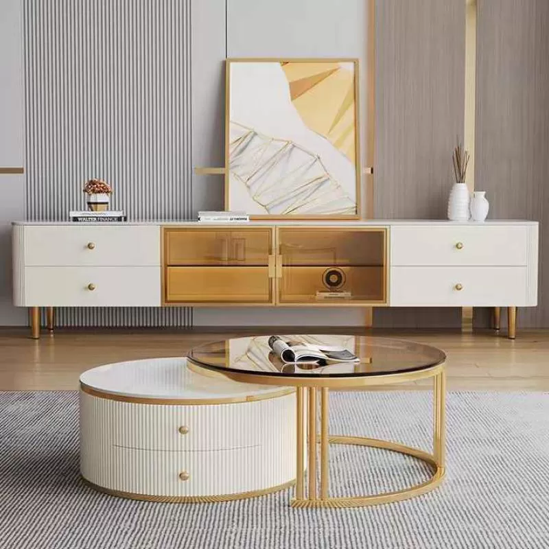 New Light Luxury TV Cabinet and Coffee Table Wooden Nordic Coffee Table with Sintered Stone Top TV Table for Living Room Luxury