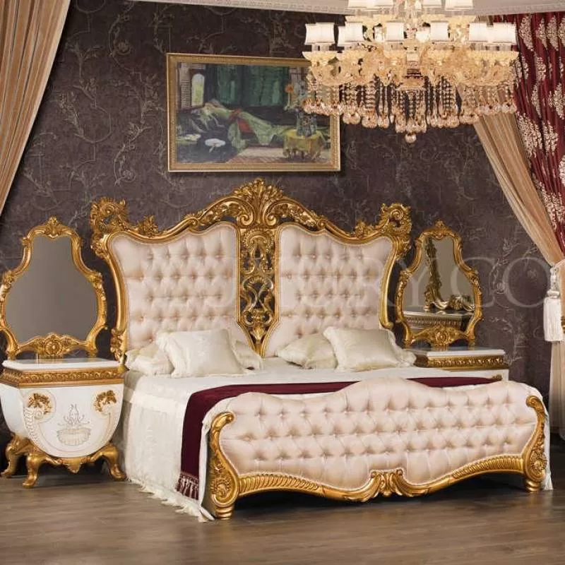 Luxury Unique Made European Rococo Gold Leafing  Style Bed Royal Imperial Hand Antique Bed for Master Bedroom