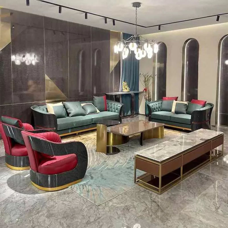 High Quality Top Gain Metal Frame Sofa Set Designs Luxury 7 Seater Sofa Luxury Furniture Italian Leather Sofa with Wood Trim