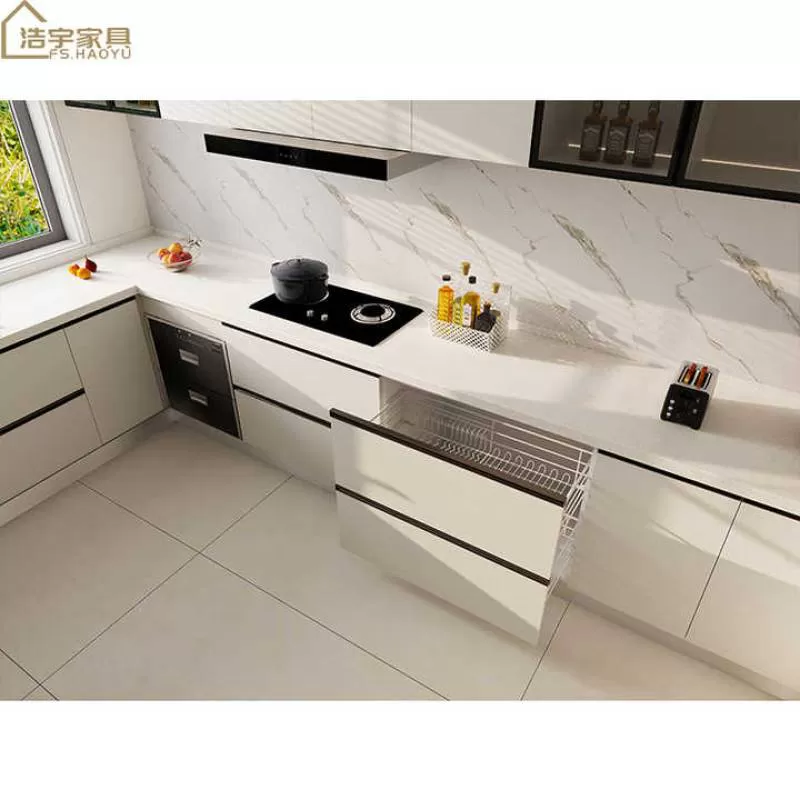 Ready Made Home Kitchen Cabinet Furniture High Quality Cheap Kitchen Cabinet with  Mirror Finish Colored Glass Door