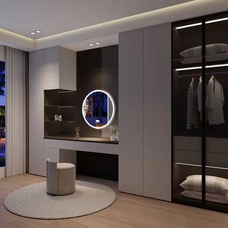 Melamine Finished U Shaped Walk in Closet Modern Bedroom Furniture LED Lights Plywood Wardrobe Closet Storage Organization