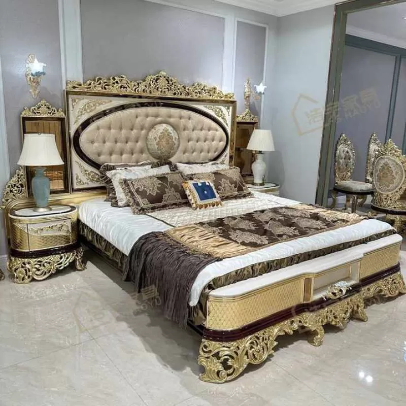 Solid Wooden Double Bed Genuine Leather Beds Frame Modern Italian Leather Bedroom Set Luxury Gold Wooden Double king Size Bed
