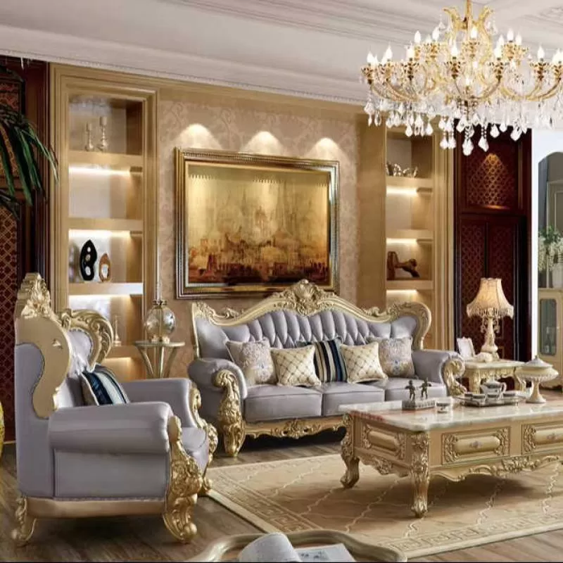 In Stock Champagne Paint Gold Foil Solid Wood Frame Sofa Set Ready to Ship European Style Genuine Leather Livingroom Sofa Set