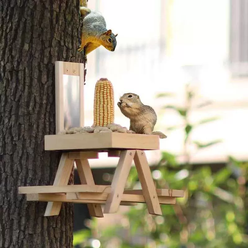 Cedar Wooden Squirrel Food Feeder Picnic Table Wood Outdoor Squirrel Bird Feeder for Outside Funny