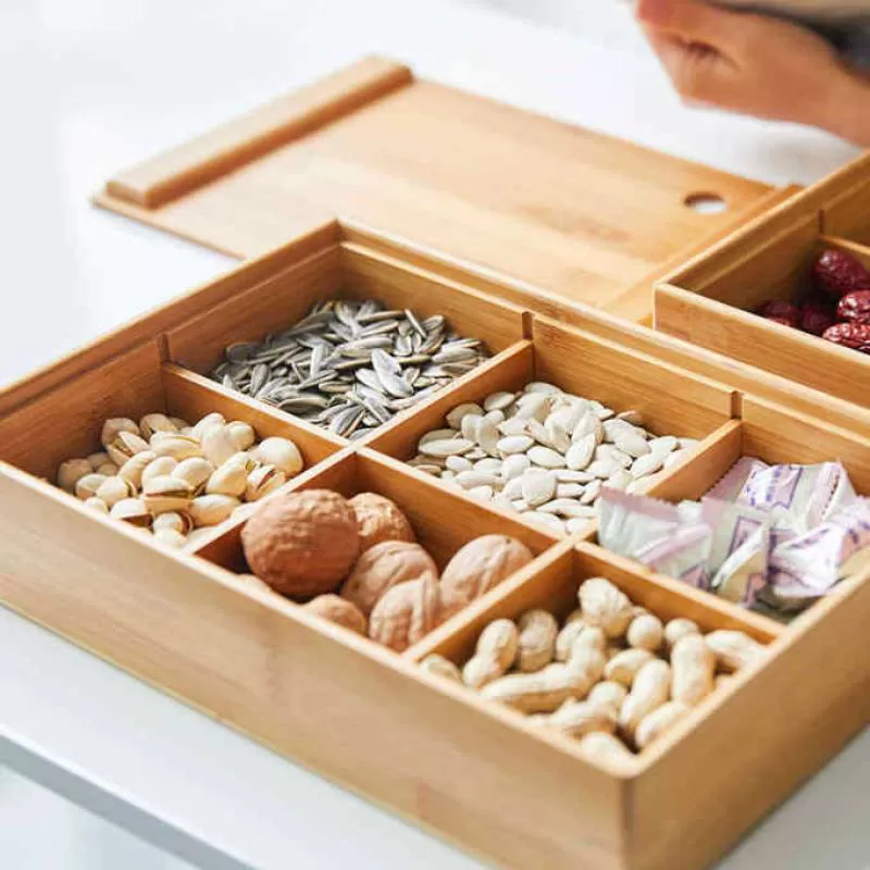 JUNJI Bamboo Nuts Snacks Storage Box with Dividers Personalized Wood Food Storage Container Box Bamboo Gift Box