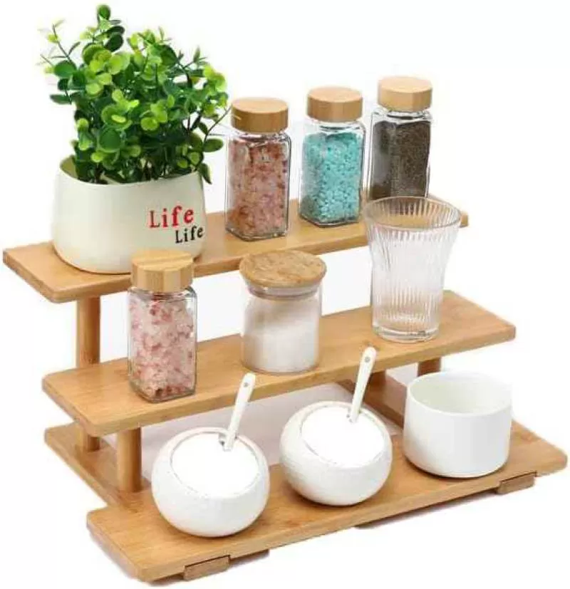 JUNJI Bamboo 3-Tier Board Counter Organizer Perfume Display Riser Stand Bathroom Makeup Lotion Shelf Stand Wood Rack Model