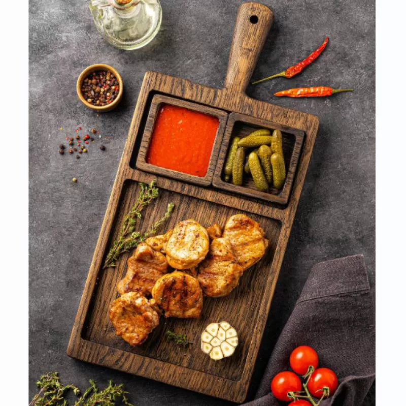 Bacon Egg Noodle Steak Wood Plate with 3 Compartments Kitchen Wood Serving Tray with Sauce 4 in 1 Wood Steak Cutting Board