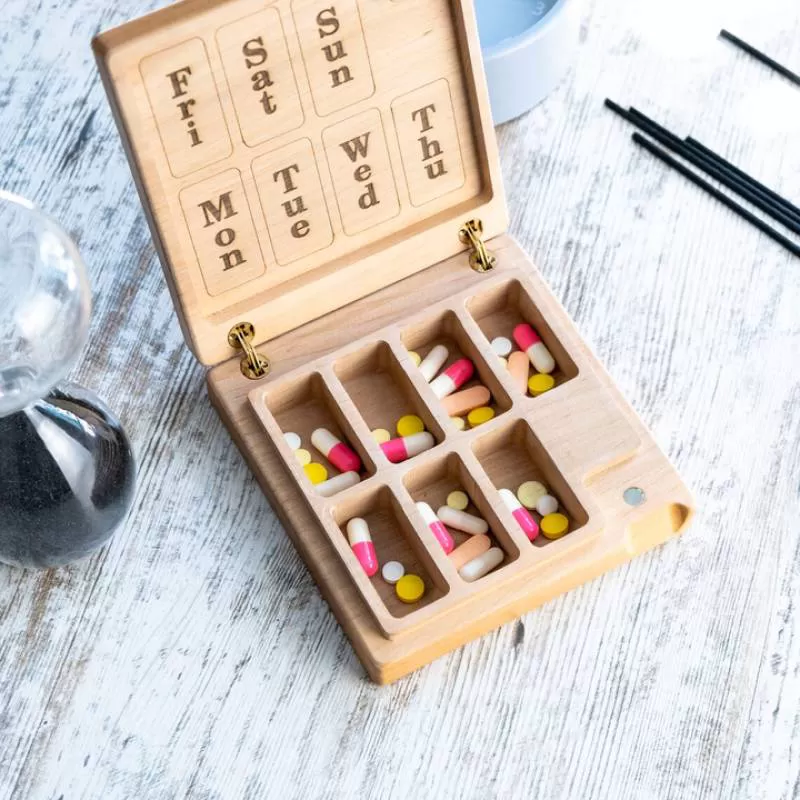 Wooden Pill Container for Vitamin 7 Day Decorative Travel Container Weekly Wood Pill Box Unusual Gift Wood Pill Box