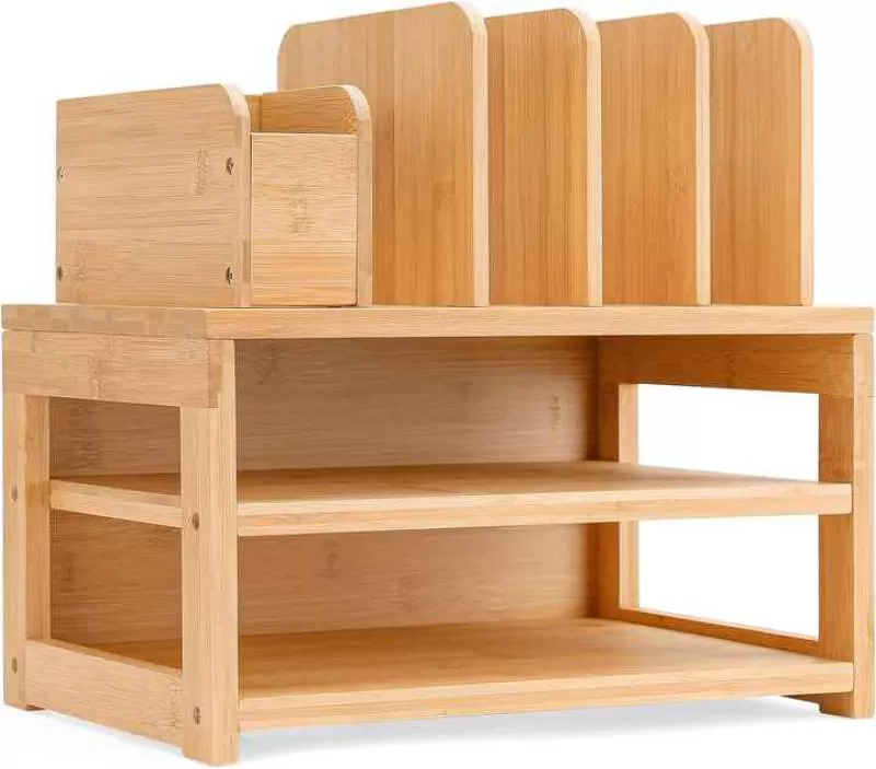 JUNJI Bamboo Desk Organizer with File Holder Office Organizers for Desk with Adjustable Pen Holder Desktop Letter Paper Tray