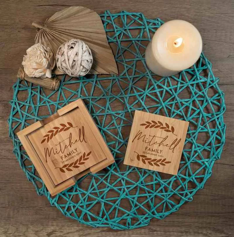 JUNJI Customizable Bamboo Coasters Set 4 Square Coaster Holder Personalized Design Wedding Engagement Other Special Occasions