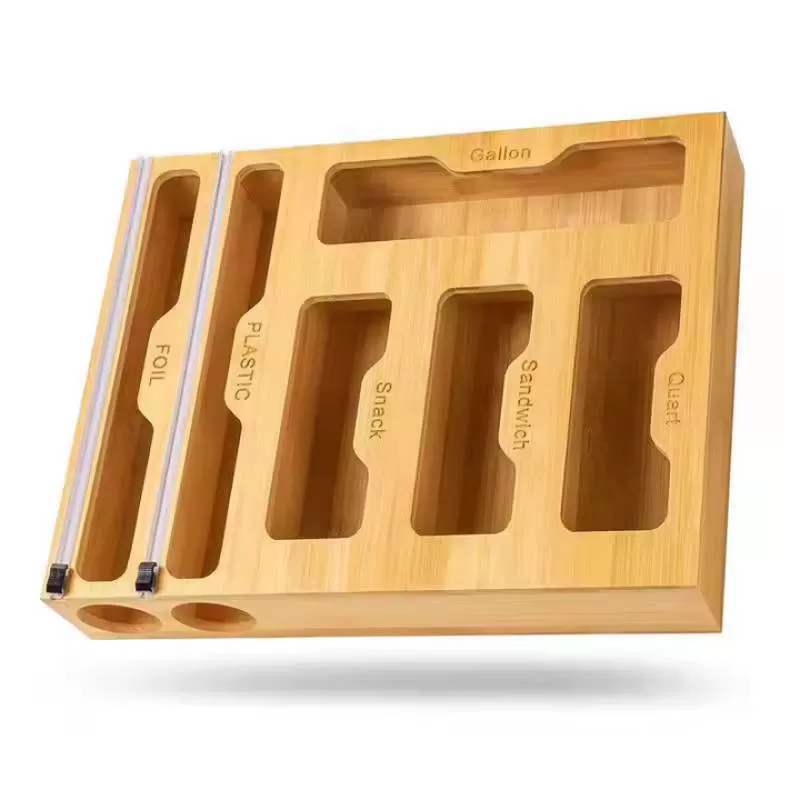 Zipper Lock Bag Storage Bag Bamboo 6-in-1 Plastic Wrap Dispenser with Cutter Kitchen Drawer Storage Box Kitchen Organizers