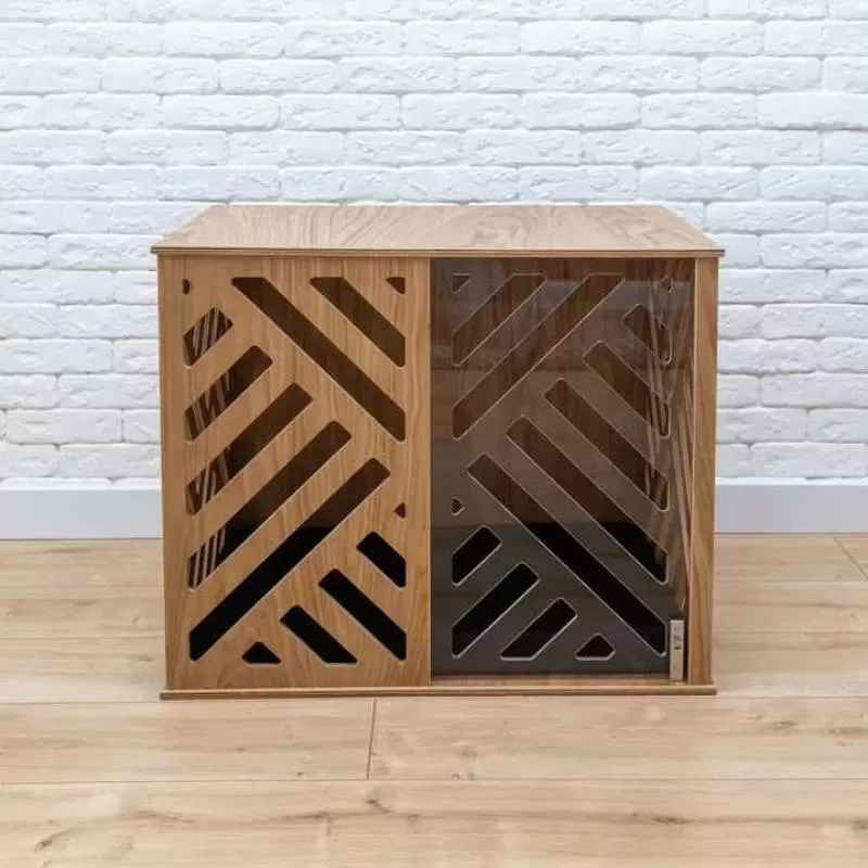 JUNJI Custom Indoor Dog Crate with Acrylic Sliding Door Wooden Dog House Serving As End Table for Pets