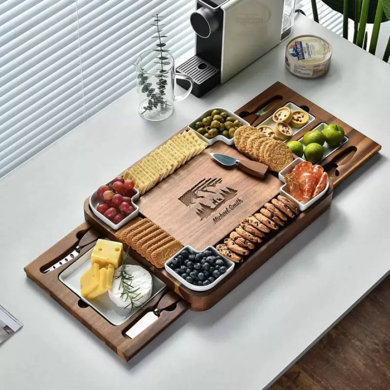 Sustainable Custom Multi-Layer Wood Cheese Board and Knife Set Nature Style Bread Chopping Block and Cheese Board Gift for Home