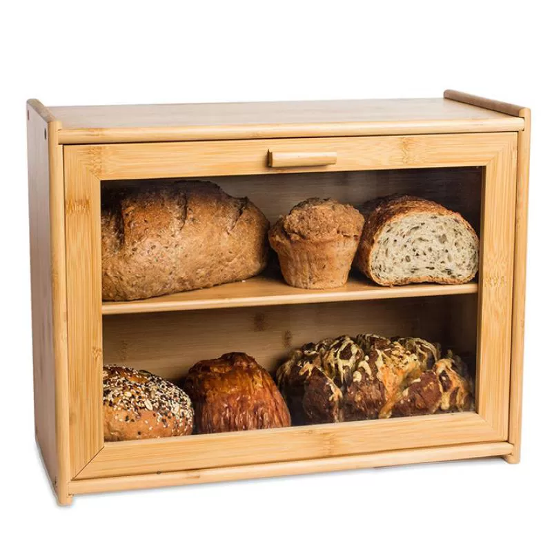 JUNJI Bamboo Food Container 2 Tier Large Bamboo Food Storage Bin with Clear Front Window Bread Holder for Kitchen