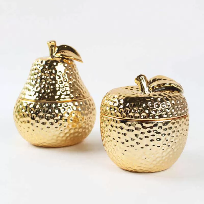 Electroplated gold 3D apple statue pear storage jar ceramic crafts decoration for home decor