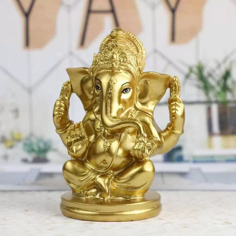 4.72 Inch High Hand Painting Poly Stone Gold Color Indian God Ganesha Statue for Car Decor Hindu Lord Ganesh Statue