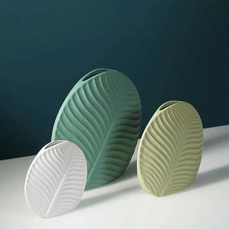 Minimalist Style Leaf Shape Vase Office Ornaments Flat Ceramic Vase for Dried Flowers