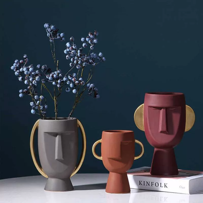 Nordic Style Ceramic Vase Ornament Abstract Human Face Dried Flowers Decoration Vase