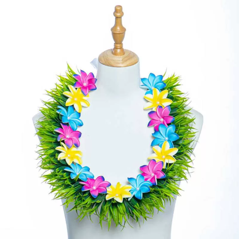 Artificial Silk Grass of Spring Foam Plumeria Short Lei Hawaii Flower Necklace Festival Neck Ring Party Wreath