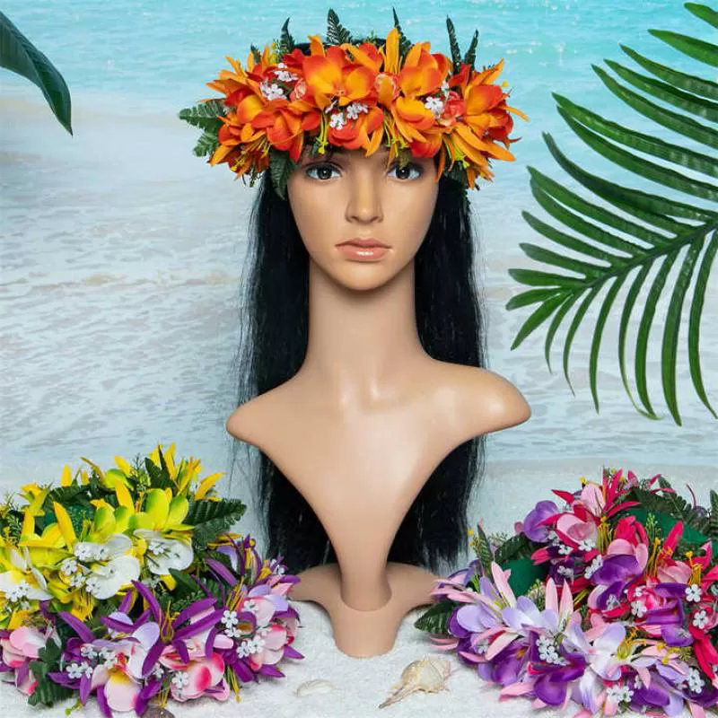 Hawaiian Velvet Fabric Plumeria Flower W Spider Lily Haku Headband Floral Garland for Wedding Party Dance Festival