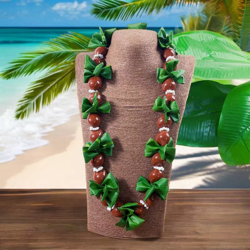 Artificial Kukui Nut W/Ti Leaves&Shell Mixed Necklace Graduation  Lei Samoa Island  Strand  Holiday Party Celebration  Jewelry