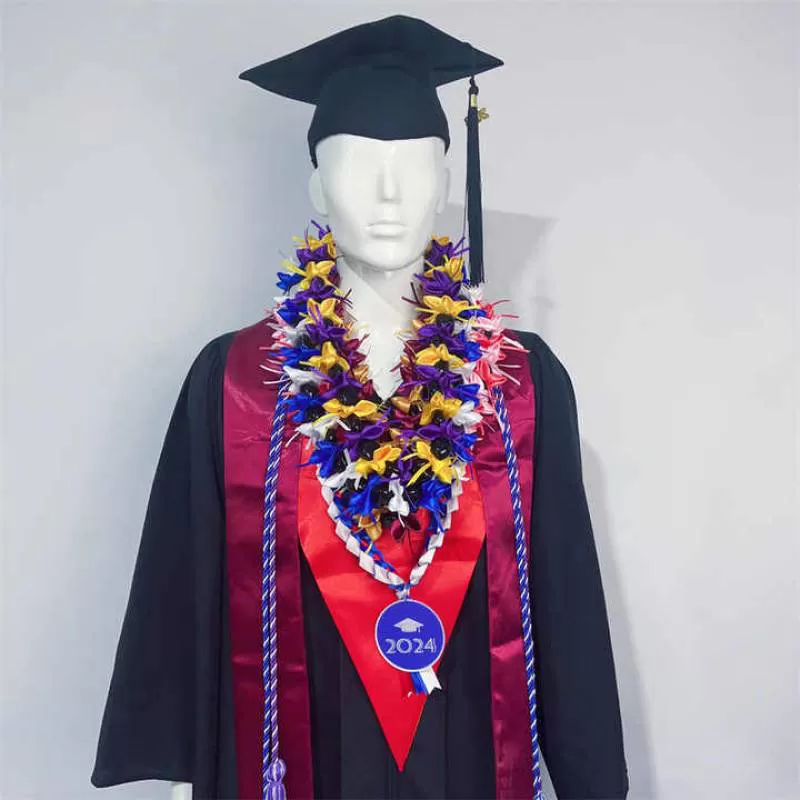 School Color Graduation Ribbon Lei with Kukui Nuts Flower Ribbon Lei Hawaiian Ribbon Lei