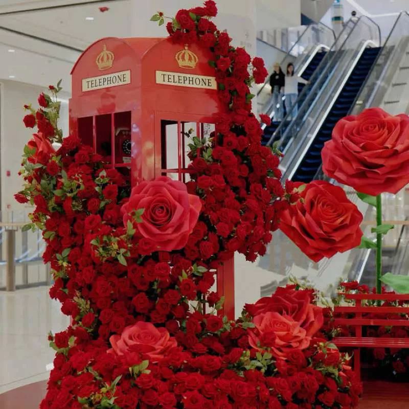 Red Telephone Booth Huge Rose Artificial Flowers with Bench Mailbox Retro London Telephone Booth