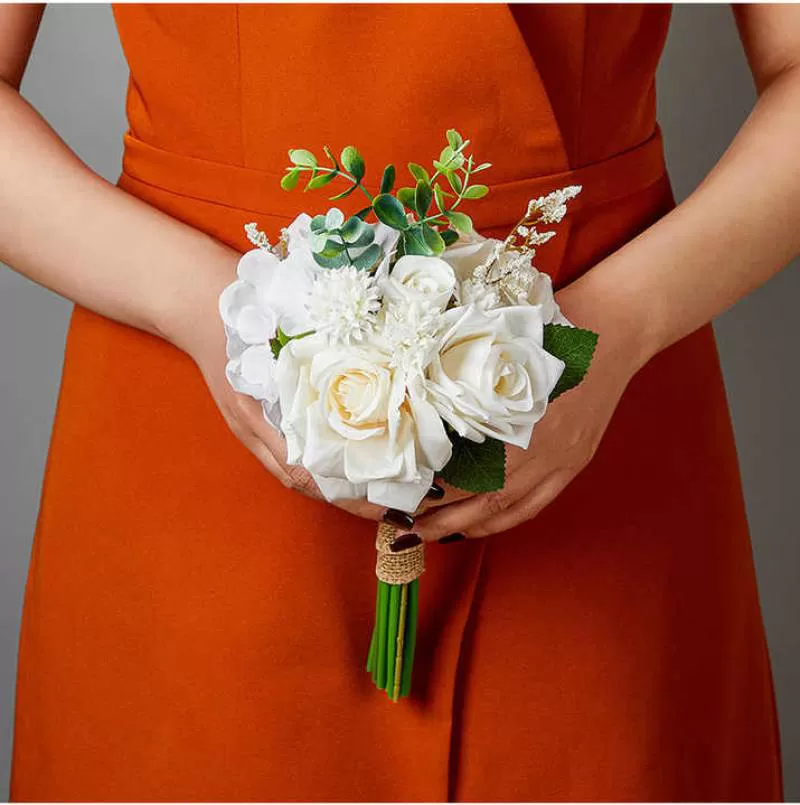 Custom White Holding Flowers Bridal Hand Bouquet Artificial Silk Rose Bouquets for Wedding