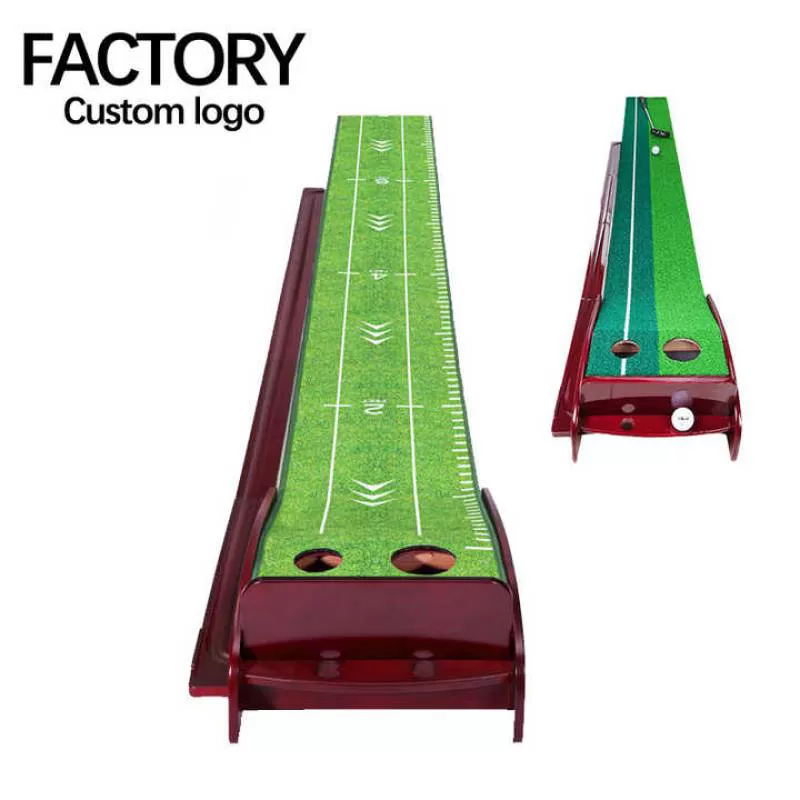 TL024 3M 2 Holes Wooden Base Golf Putting Practice Mat Ball-rollback Premium Golf Putting Mat