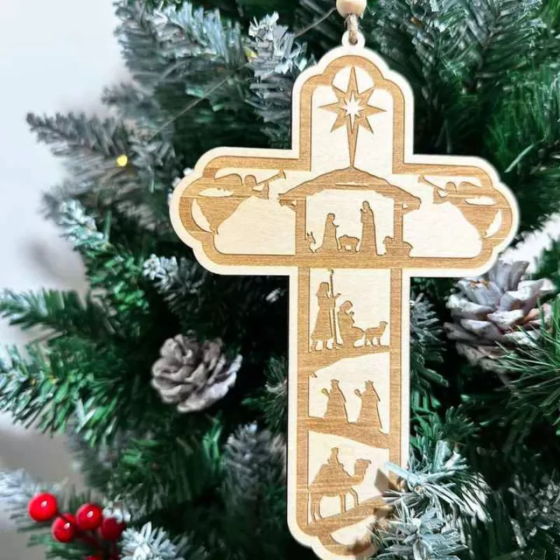 Nativity Cross Christmas Ornament Religious Holy Present Christian Jesus Cross Pendant Necklace