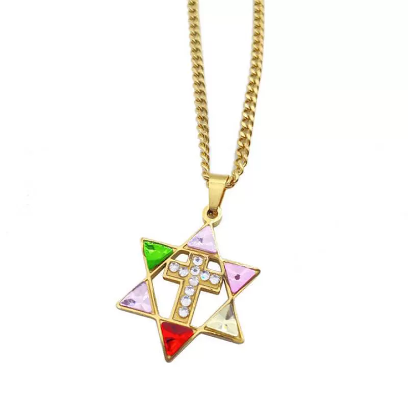 Religion Gift Colorful Triangle Crystal Stone David Star Cross Chain Pendant