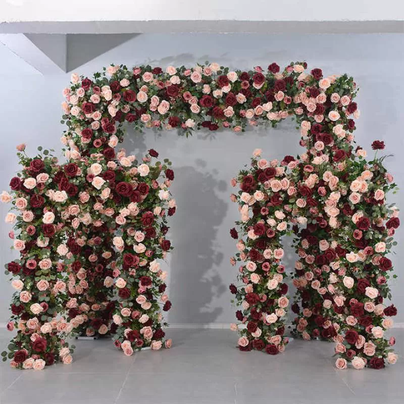 Artificial Flower Square Arch Wine Red Runner for Party Event Arrangement Background Silk Flower Arch for Wedding Decoration