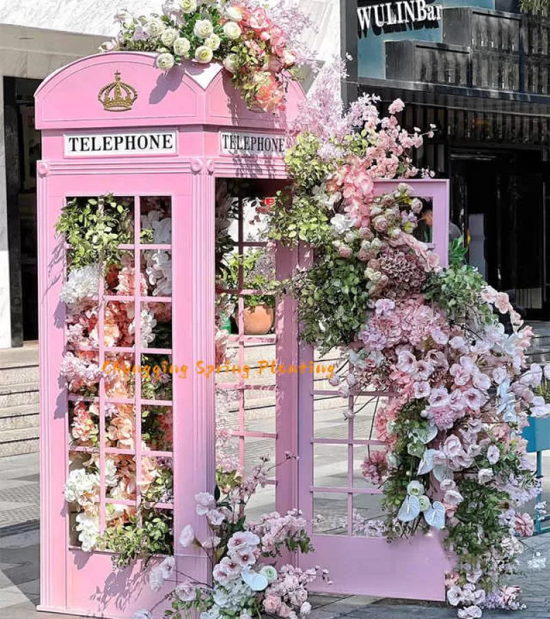London Telephone Booth with Pink Artificial Flowers for Salon Decoration Pink Telephone Booth for Wedding