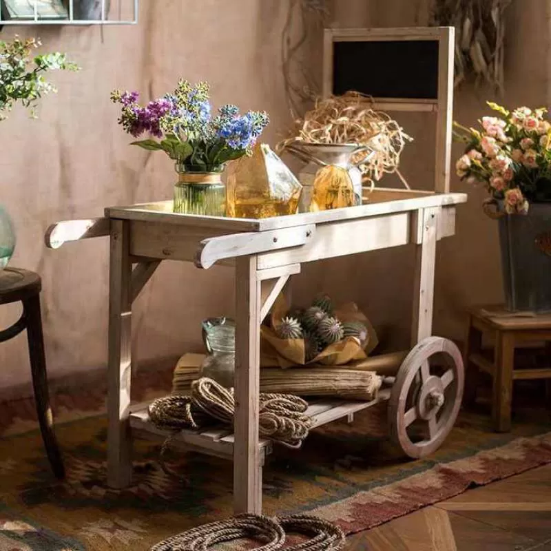 Antique Wooden Flower Cart Flower Rack Shelf Florist Decorative Display Rack Courtyard Vintage Decorative Trolley
